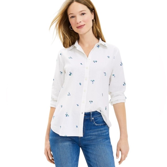 LOFT White and Black Relaxed Button Down Shirt with Cuffed Sleeves MP - Picture 1 of 9